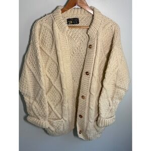 Artesanias Quishpe Wool Cardigan Sweater Handmade Ecuador Cream Cable Knit XL